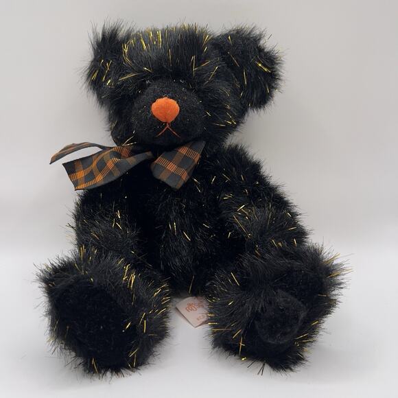 RUSS Berrie Sparkie Halloween Teddy Bear Black 10” Gold Tensel Orange Nose,‎ Bow - Picture 1 of 8
